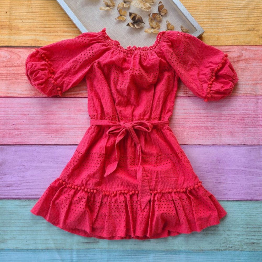 Parker Coral Pink Eyelet Puff Sleeve Mini Dress M